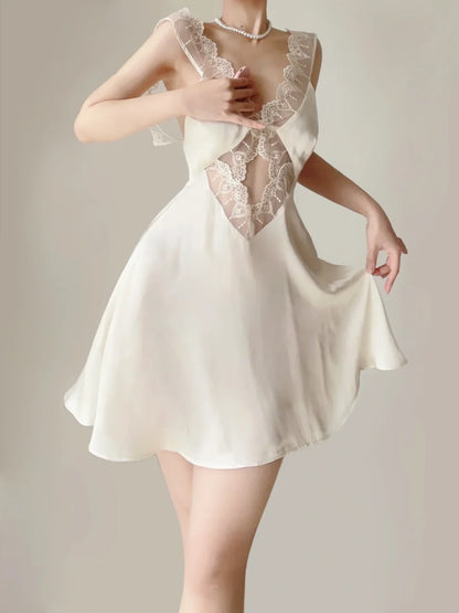Elegant Ivory Satin V Neck Sleeveless Cutout Lace A-Line Short Homecoming Dress AS2842