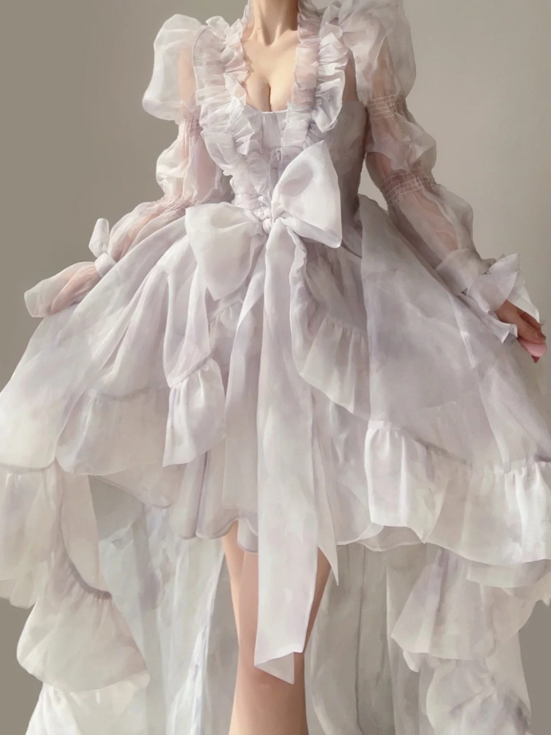 Fairy Pale Lilac Two-Wear Birthday Dress Sweetheart Neck Ruffle Trim Puff Long Sleeve Big Bow A Line Short Homecoming With Train AS2843