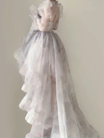 Fairy Pale Lilac Two-Wear Birthday Dress Sweetheart Neck Ruffle Trim Puff Long Sleeve Big Bow A Line Short Homecoming With Train AS2843