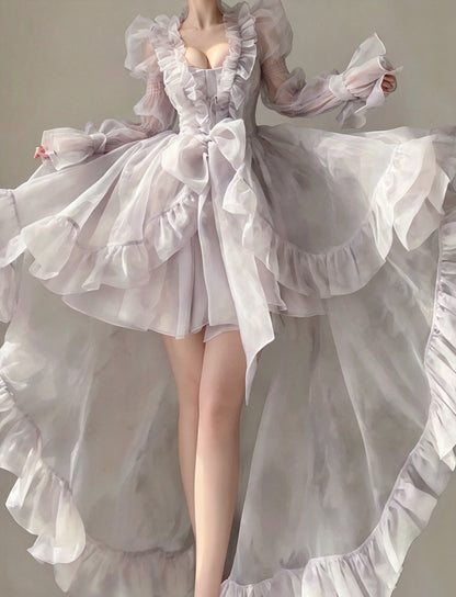 Fairy Pale Lilac Two-Wear Birthday Dress Sweetheart Neck Ruffle Trim Puff Long Sleeve Big Bow A Line Short Homecoming With Train AS2843