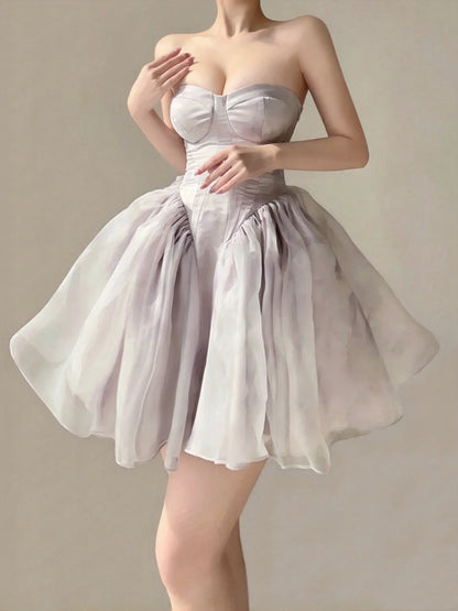 Fairy Pale Lilac Two-Wear Birthday Dress Sweetheart Neck Ruffle Trim Puff Long Sleeve Big Bow A Line Short Homecoming With Train AS2843
