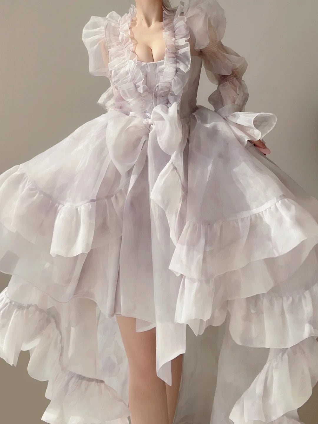 Fairy Pale Lilac Two-Wear Birthday Dress Sweetheart Neck Ruffle Trim Puff Long Sleeve Big Bow A Line Short Homecoming With Train AS2843