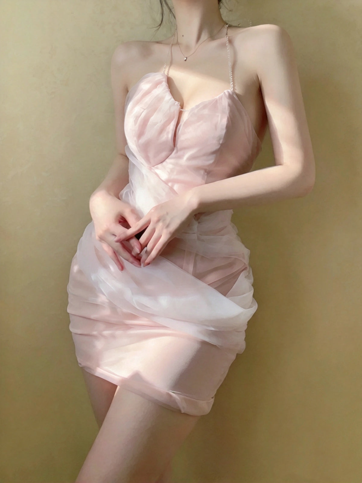 Delicate Pink Halter Beaded Mesh Wrap Ruched Bodycon Short Homecoming Dress AS2850