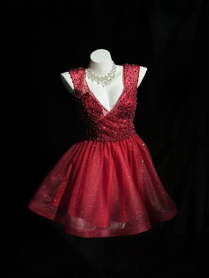 Striking Red V-Neck Sleeveless Beaded Bodice Sparkly Glitter Tulle A Line Short Homecoming Dress AS2582