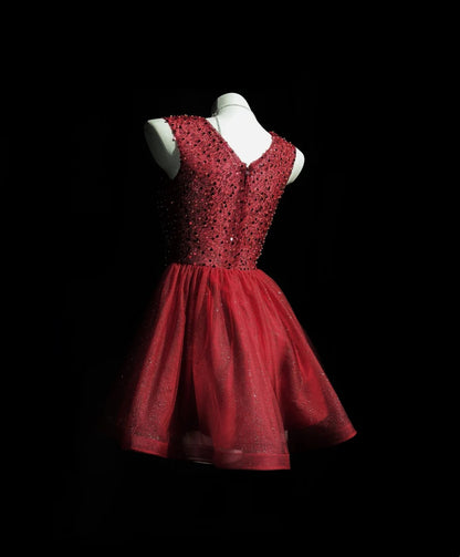 Striking Red V-Neck Sleeveless Beaded Bodice Sparkly Glitter Tulle A Line Short Homecoming Dress AS2582