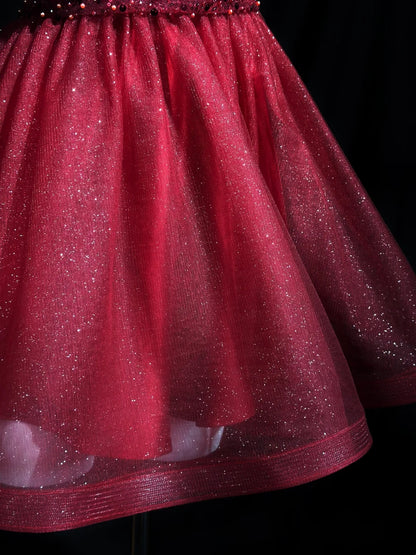 Striking Red V-Neck Sleeveless Beaded Bodice Sparkly Glitter Tulle A Line Short Homecoming Dress AS2582