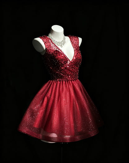 Striking Red V-Neck Sleeveless Beaded Bodice Sparkly Glitter Tulle A Line Short Homecoming Dress AS2582