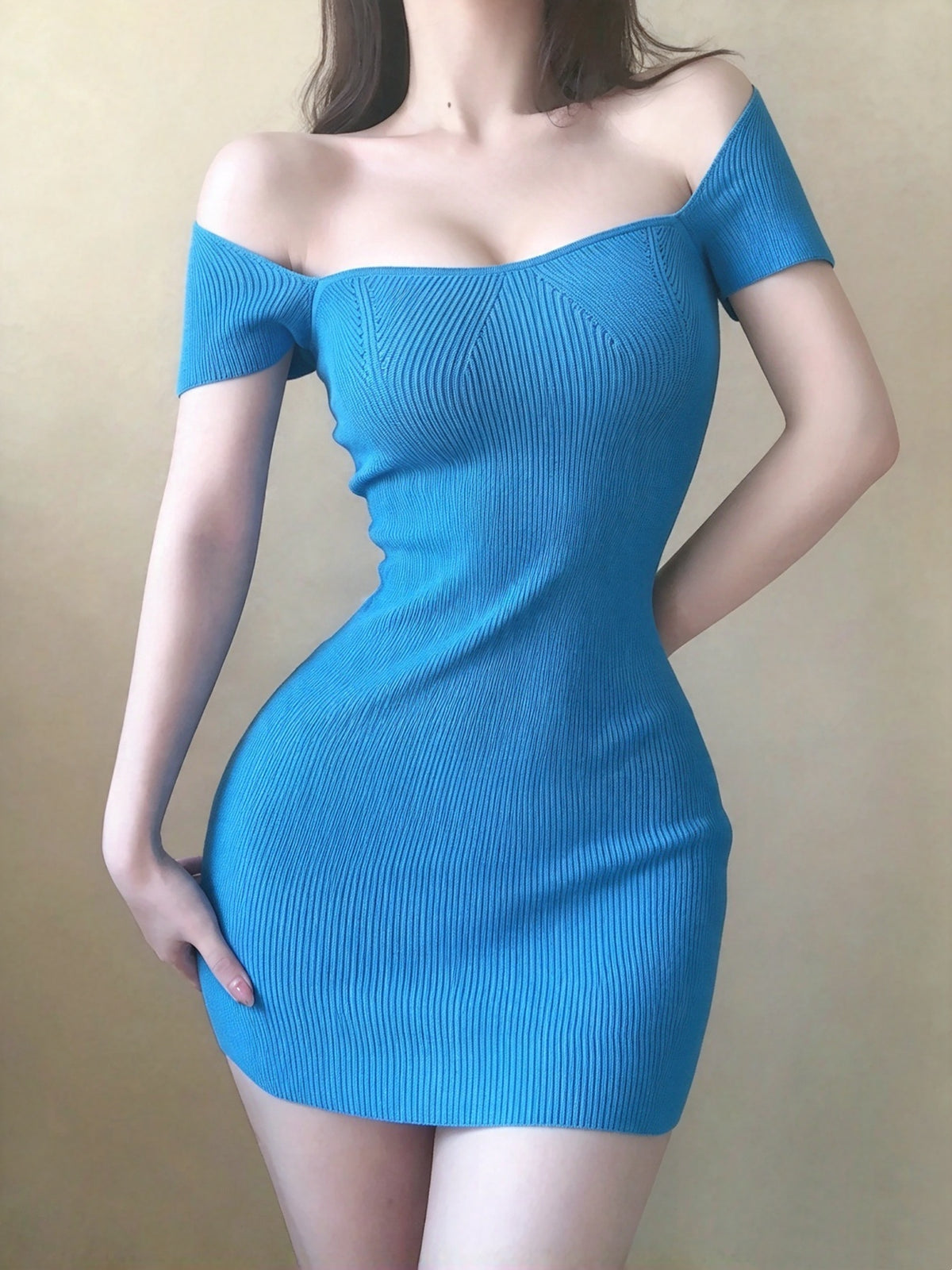Chic Blue Knit Square Neck Short Sleeve Bodycon Homecoming Dress AS2853