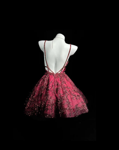 Dazzling Red Spaghetti Straps Deep V Beaded Embroidery Backless A-Line Short Homecoming Dress AS2583