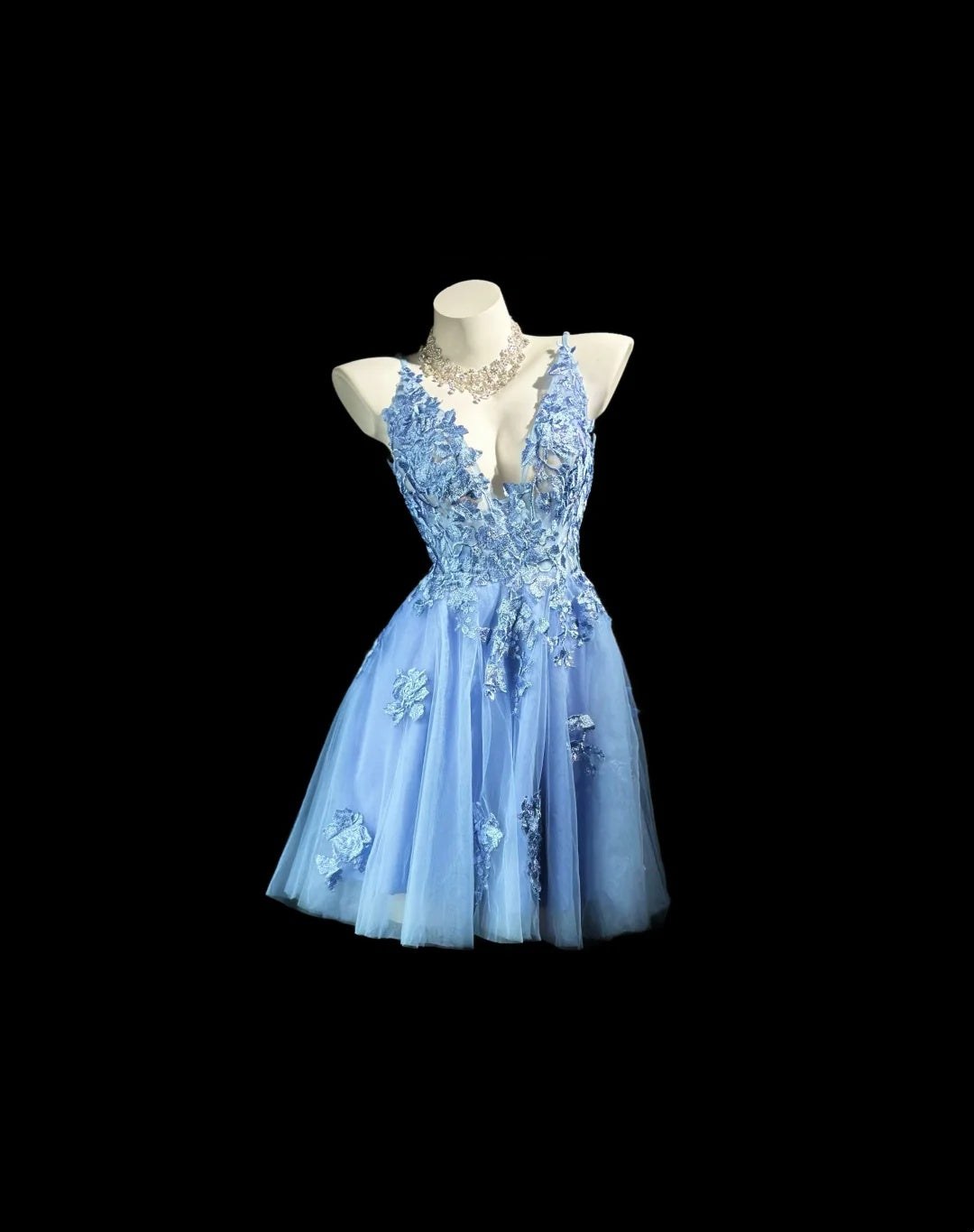Dreamy Blue Spaghetti Straps Deep V 3D Floral Appliques Voluminous Tulle A-Line Short Homecoming Dress AS2584