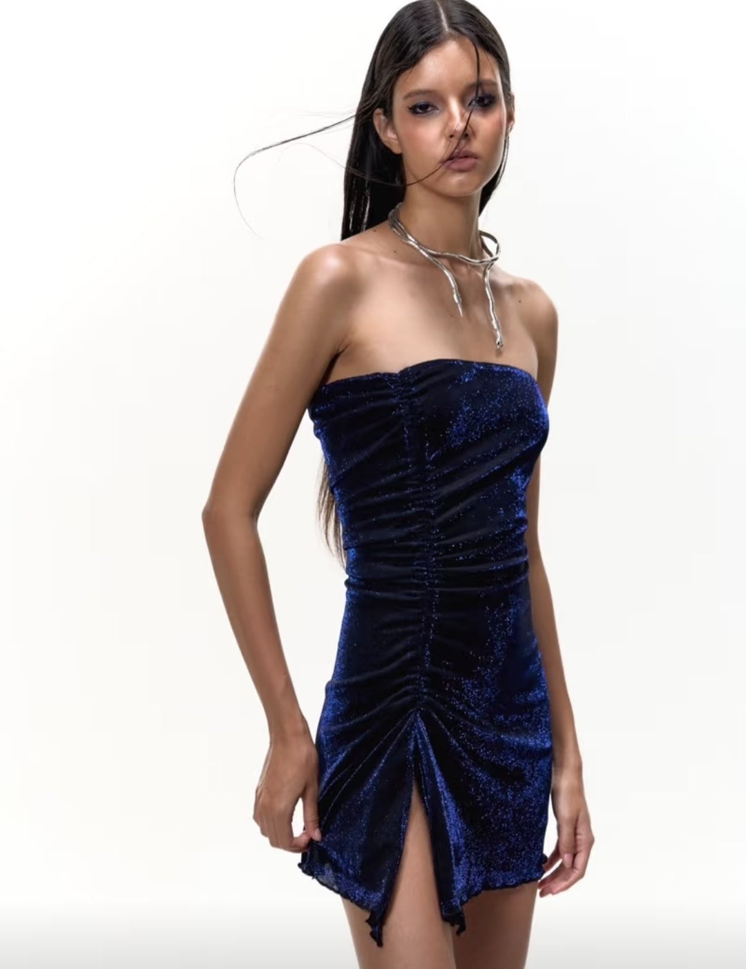Chic Navy Blue Glitter Strapless Side Ruched Slit Bodycon Mini Homecoming Dress AS2855