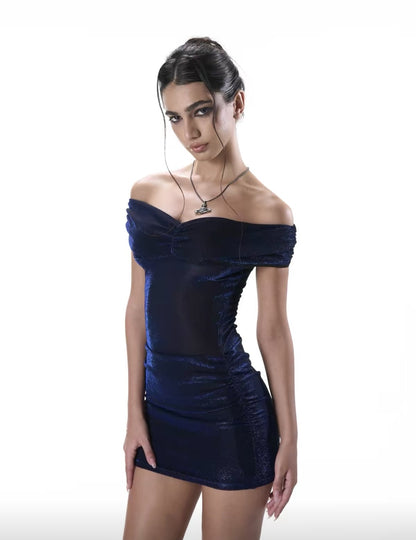 Chic Navy Blue Glitter Off Shoulder Ruched Bodycon Mini Homecoming Dress AS2856