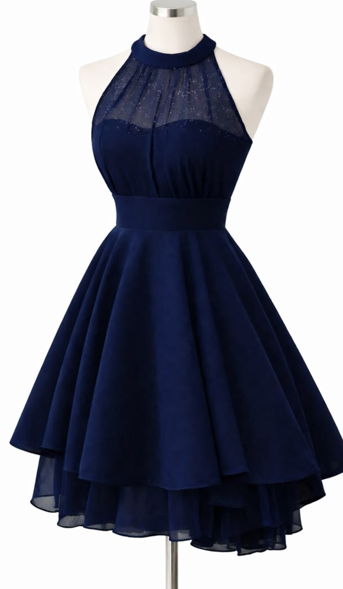 Chic Navy Halter Glitter Mesh Tiered Skirt Short A Line Homecoming Dress AS2857