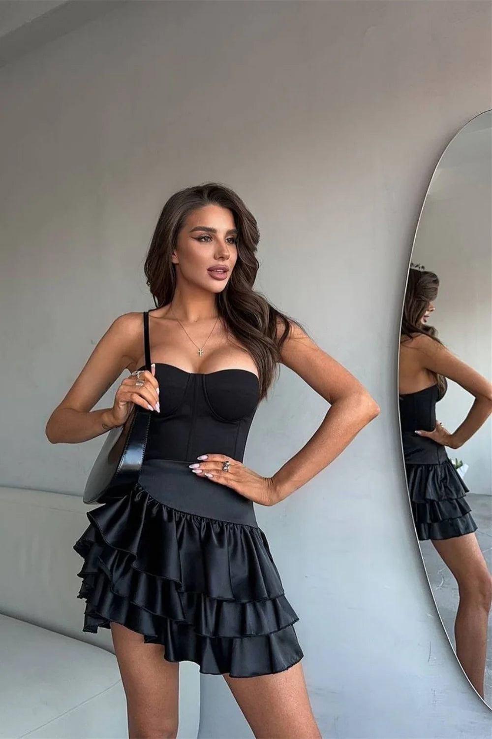 Black Strapless Corset Mini Dress With Layered Ruffle Skirt And Lace Up Back AS286