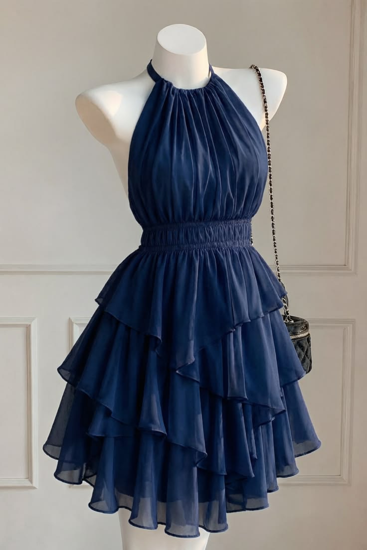 Chic Navy Halter Chiffon A Line Short Homecoming Dress AS2860