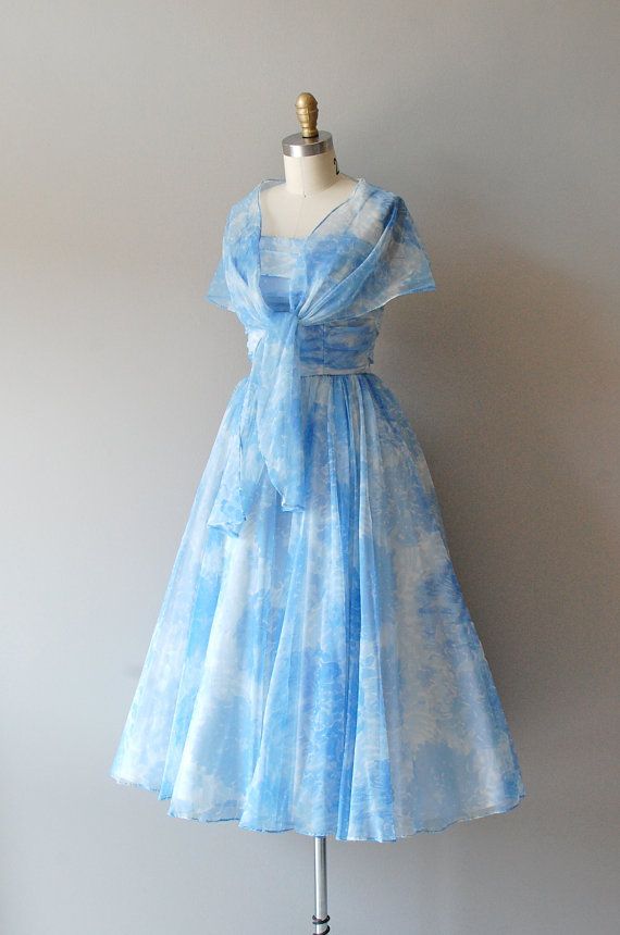 Whimsical Sky Blue Strapless Cloud Print Chiffon A Line Midi Homecoming Dress With Matching Tie Shawl AS2862