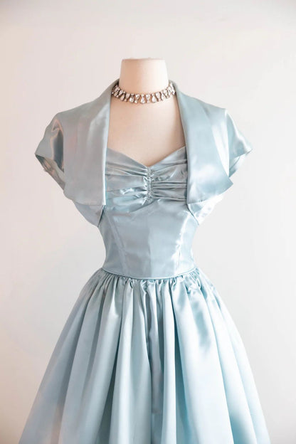 Elegant Pale Blue Satin Sweetheart Spaghetti Straps A Line Midi Homecoming Dress With Detachable Collar Cape AS2868