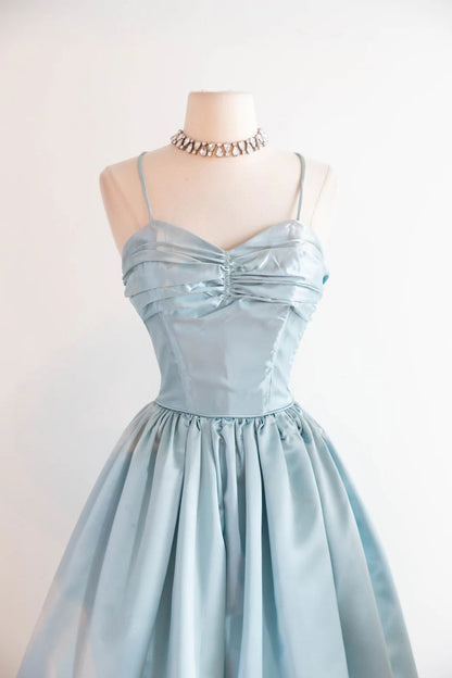 Elegant Pale Blue Satin Sweetheart Spaghetti Straps A Line Midi Homecoming Dress With Detachable Collar Cape AS2868