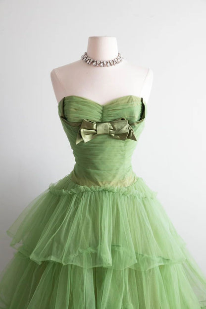 Fresh Sage Green Strapless Sweetheart Ruched Tulle Satin Bow A Line Midi Homecoming Dress AS2869