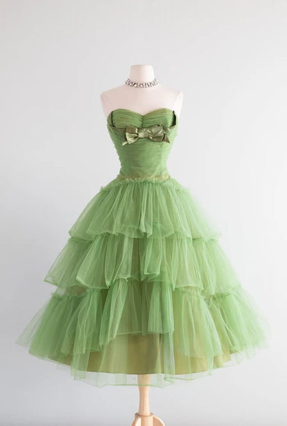 Fresh Sage Green Strapless Sweetheart Ruched Tulle Satin Bow A Line Midi Homecoming Dress AS2869