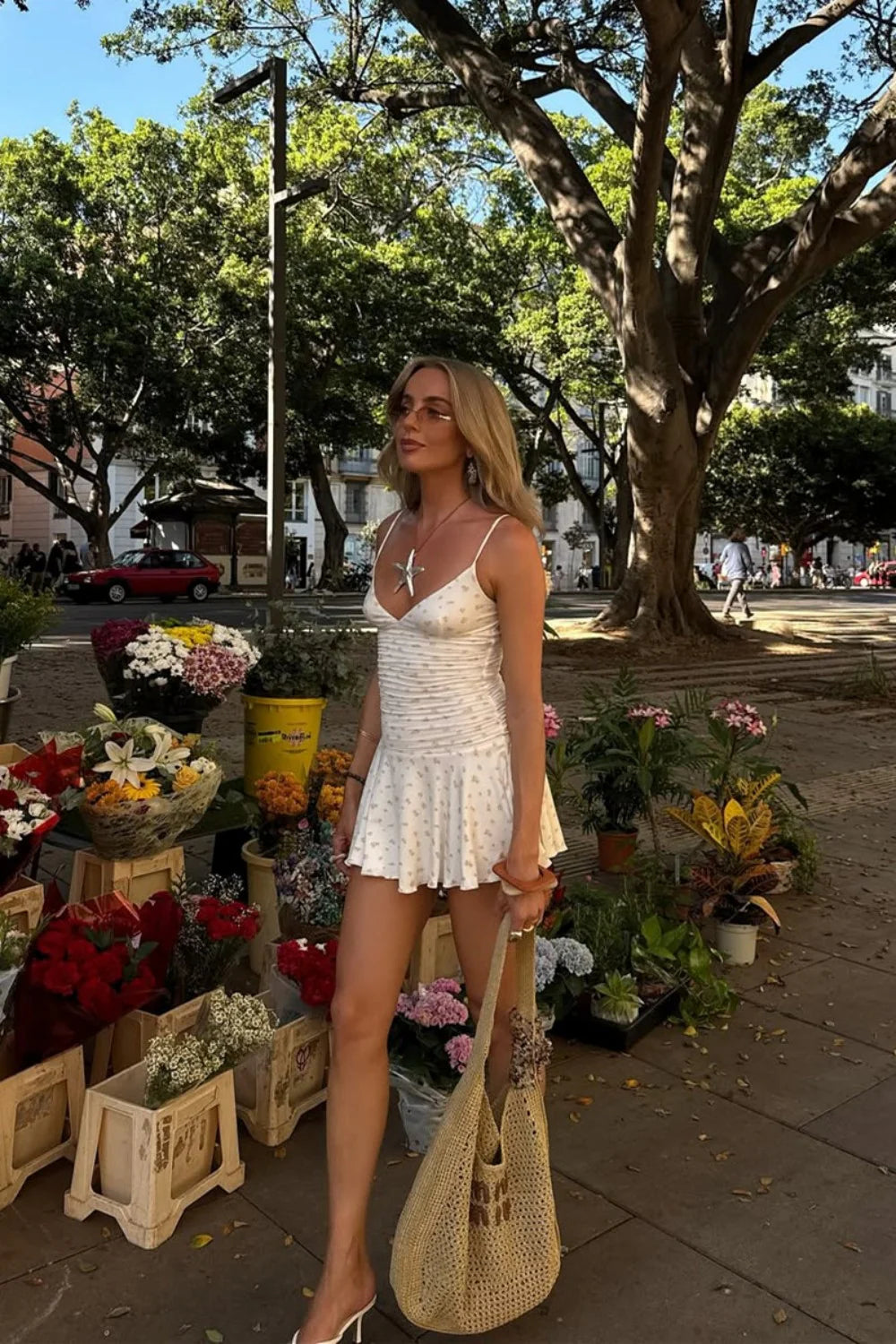 Cute V Neck Ruched White Floral Print Spaghetti Strap Homecoming Dress AS287