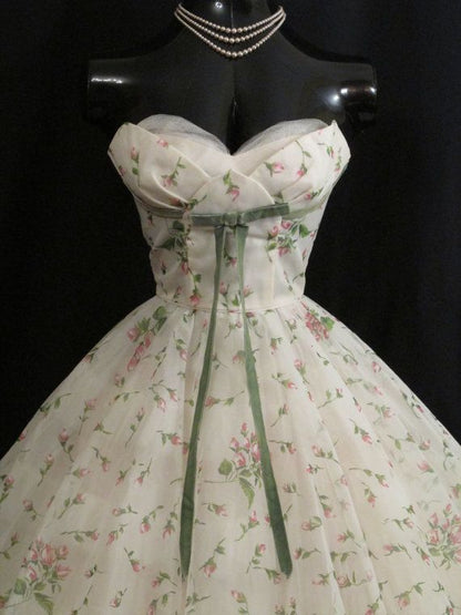 Romantic Ivory Strapless Sweetheart Floral Print Bow A Line Midi Homecoming Dress AS2870