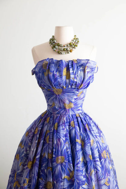 Vibrant Royal Blue Strapless Ruffled Floral Print A Line Midi Homecoming Dress AS2871