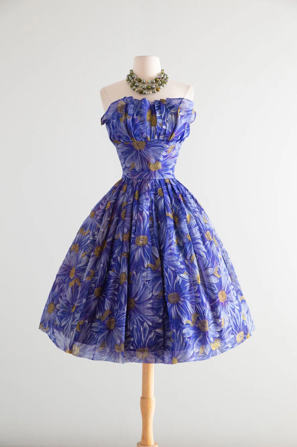 Vibrant Royal Blue Strapless Ruffled Floral Print A Line Midi Homecoming Dress AS2871