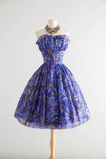 Vibrant Royal Blue Strapless Ruffled Floral Print A Line Midi Homecoming Dress AS2871