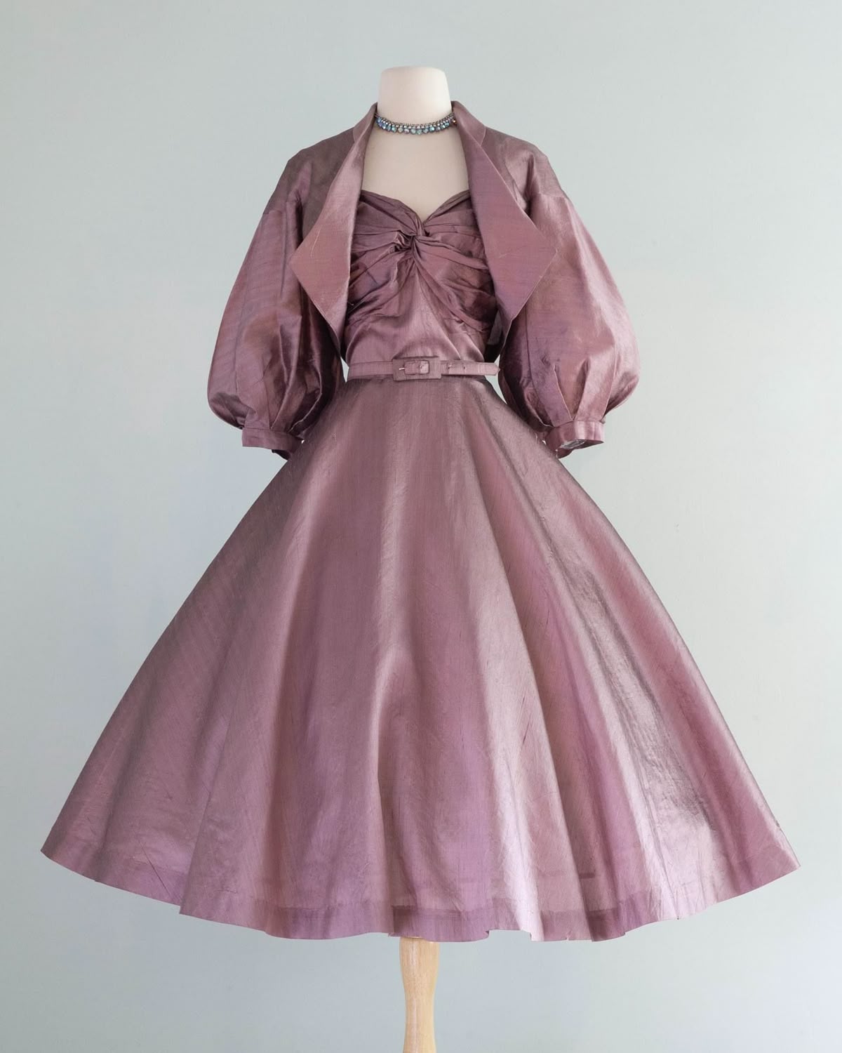 Elegant Dusty Mauve Spaghetti Straps Sweetheart Belted A Line Midi Homecoming Dress With Puff Sleeve Jacket AS2872