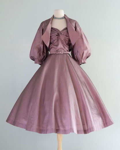 Elegant Dusty Mauve Spaghetti Straps Sweetheart Belted A Line Midi Homecoming Dress With Puff Sleeve Jacket AS2872