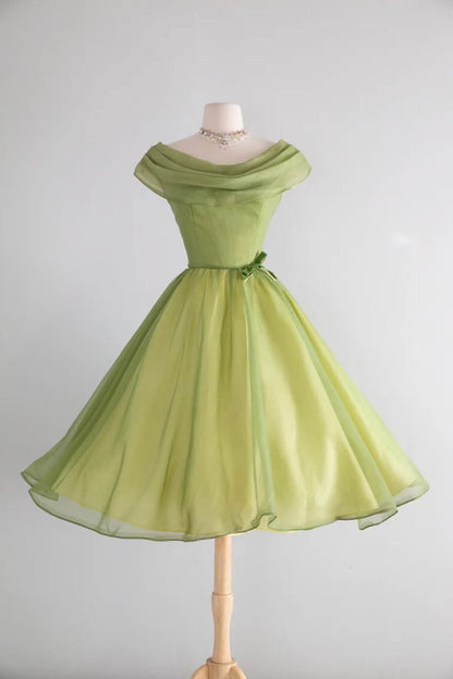 Chic Fresh Green Off The Shoulder Bow A Line Midi Homecoming Dress AS2874