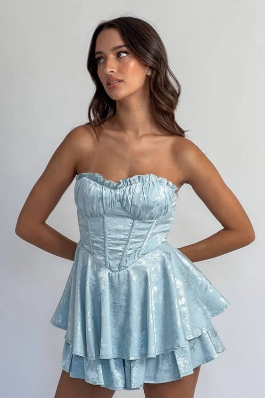 Romantic Strapless Ruffled Bust Jacquard Blue Homecoming Dress With Tiered Skirt AS288