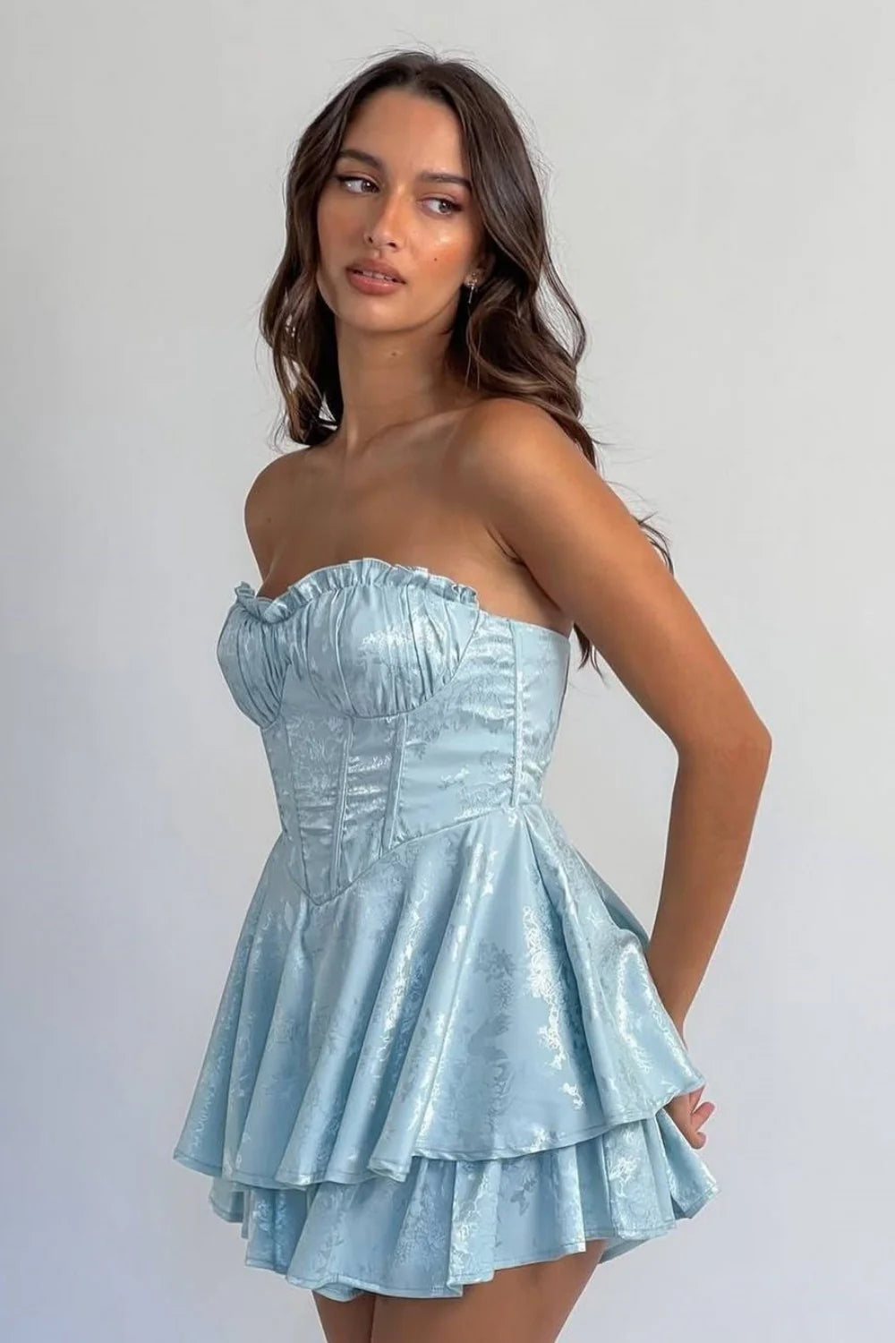 Romantic Strapless Ruffled Bust Jacquard Blue Homecoming Dress With Tiered Skirt AS288