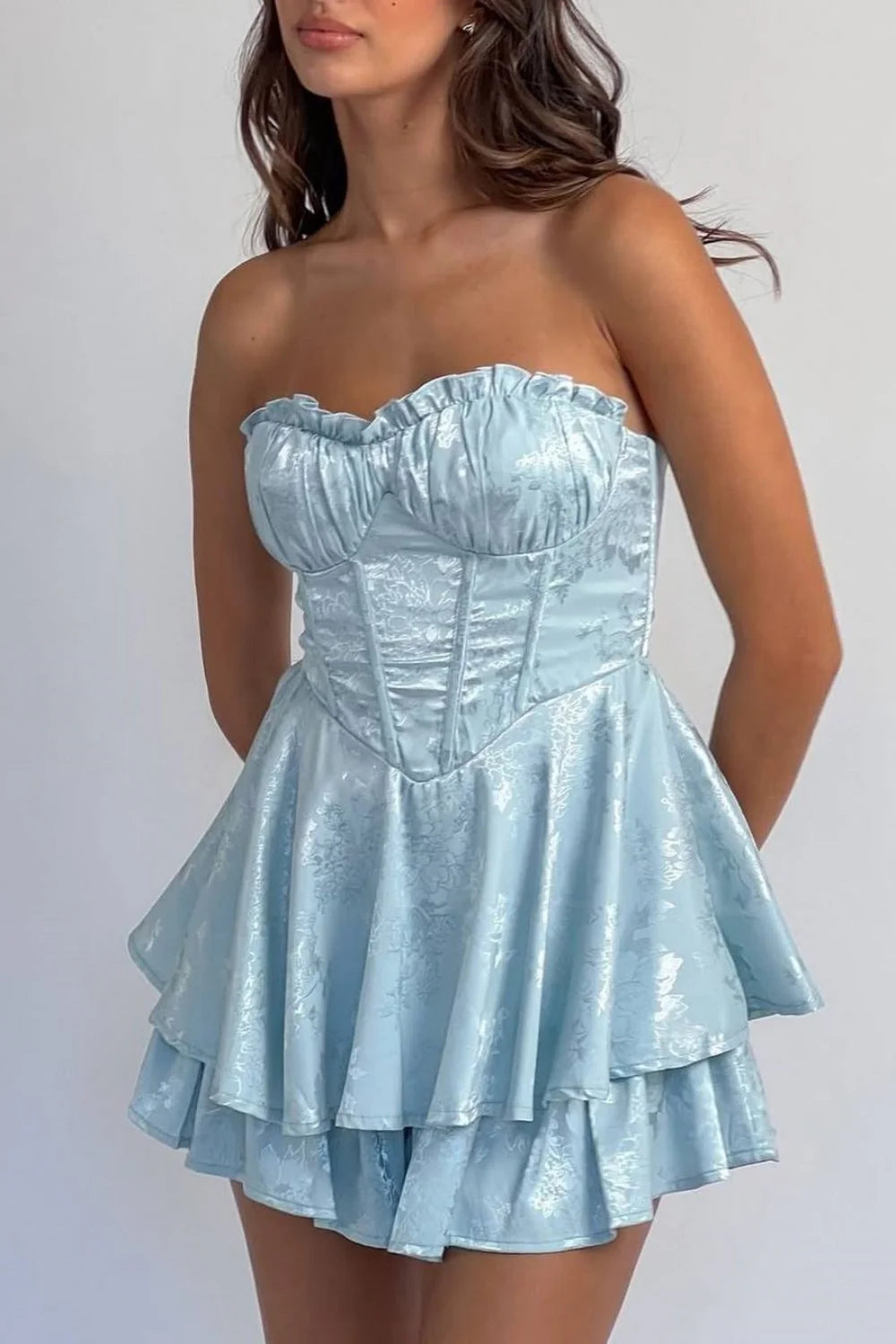 Romantic Strapless Ruffled Bust Jacquard Blue Homecoming Dress With Tiered Skirt AS288