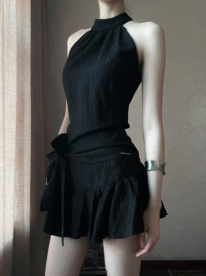 Sleek Black Halter Neck Bow Ruffled A Line Short Homecoming Dress AS2879