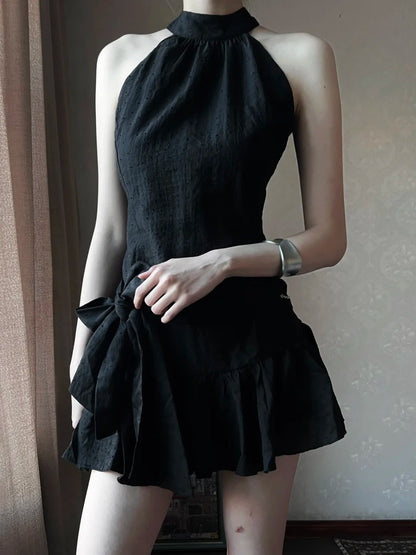 Sleek Black Halter Neck Bow Ruffled A Line Short Homecoming Dress AS2879