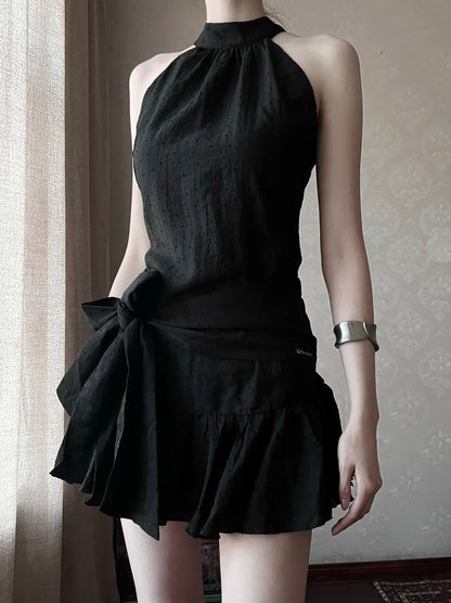 Sleek Black Halter Neck Bow Ruffled A Line Short Homecoming Dress AS2879