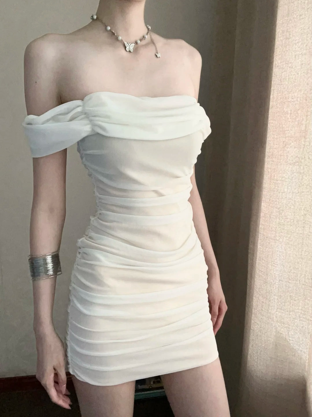 Elegant White Off The Shoulder Draped Ruched Bodycon Mini Homecoming Dress AS2880