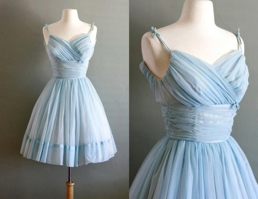 Airy Pale Blue Spaghetti Strap Sweetheart Ruched A Line Short Homecoming Dress AS2881