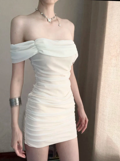 Elegant White Off The Shoulder Draped Ruched Bodycon Mini Homecoming Dress AS2880
