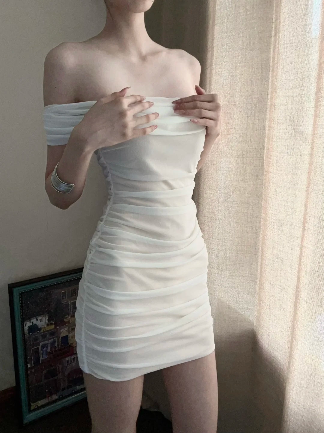 Elegant White Off The Shoulder Draped Ruched Bodycon Mini Homecoming Dress AS2880