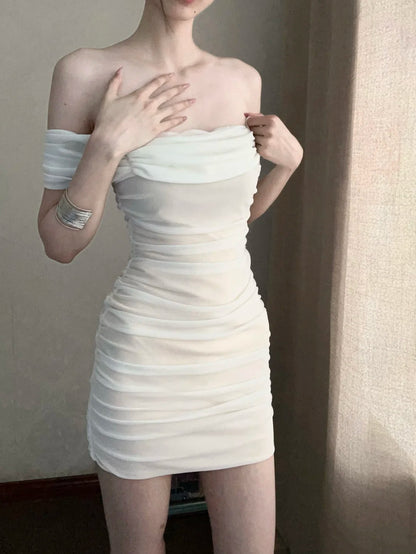 Elegant White Off The Shoulder Draped Ruched Bodycon Mini Homecoming Dress AS2880