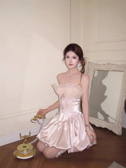 Lovely Pale Pink Strapless Ruffled Organza Neckline Satin Corset Bubble A Line Short Homecoming Dress AS2882