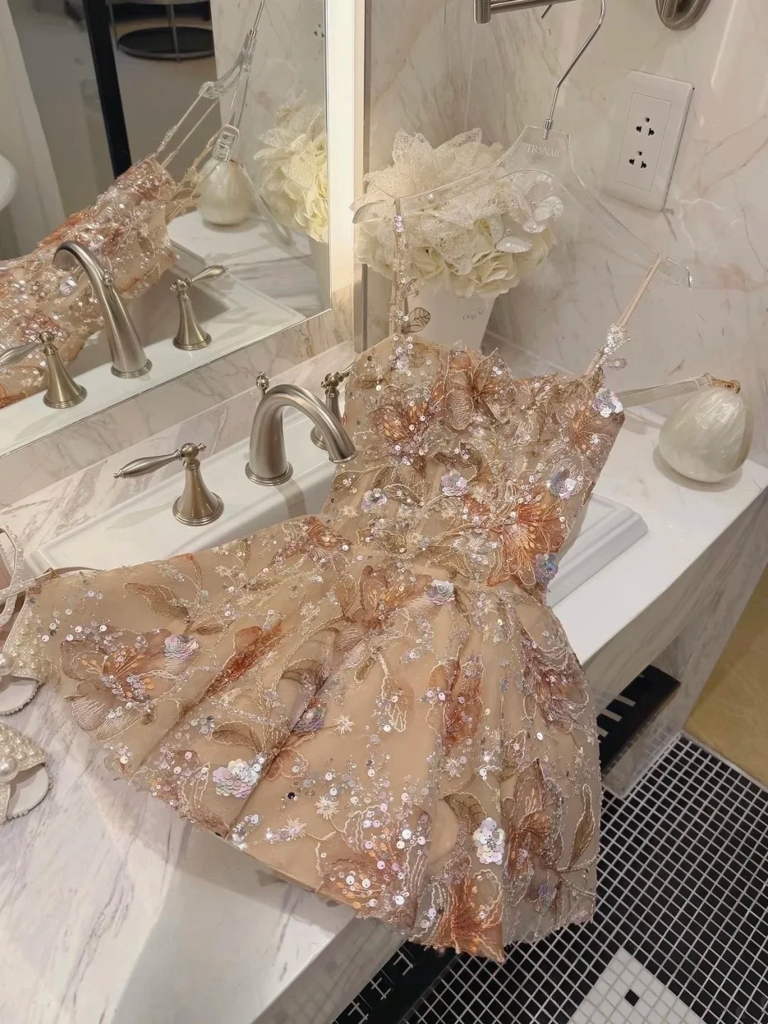 Luxe Champagne Spaghetti Strap 3D Floral Sequin Appliques A Line Short Homecoming Dress AS2883