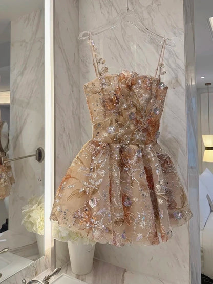 Luxe Champagne Spaghetti Strap 3D Floral Sequin Appliques A Line Short Homecoming Dress AS2883