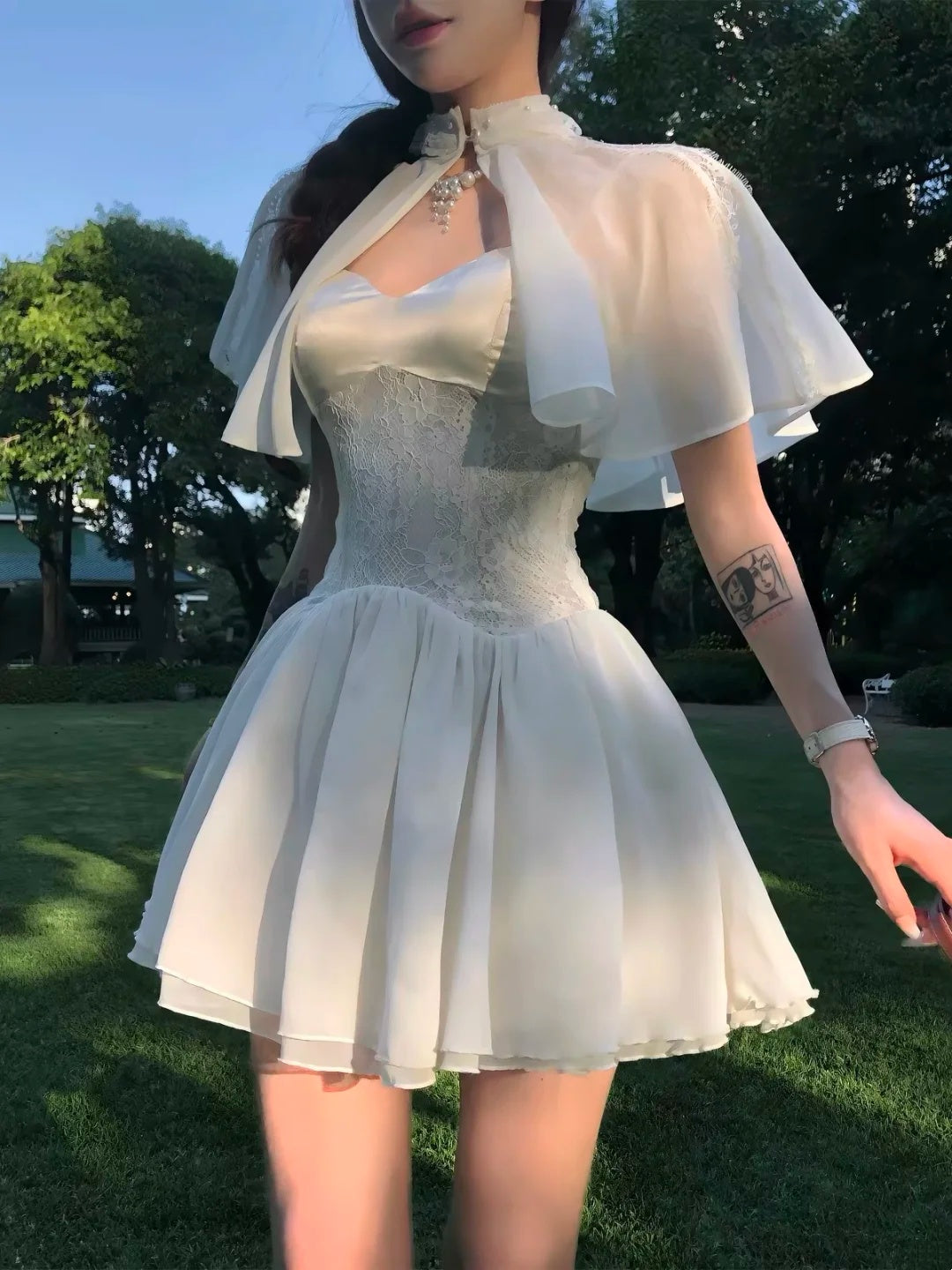 Romantic Ivory Spaghetti Straps Satin Lace Corset A Line Short Homecoming Dress With Detachable Cape AS2884