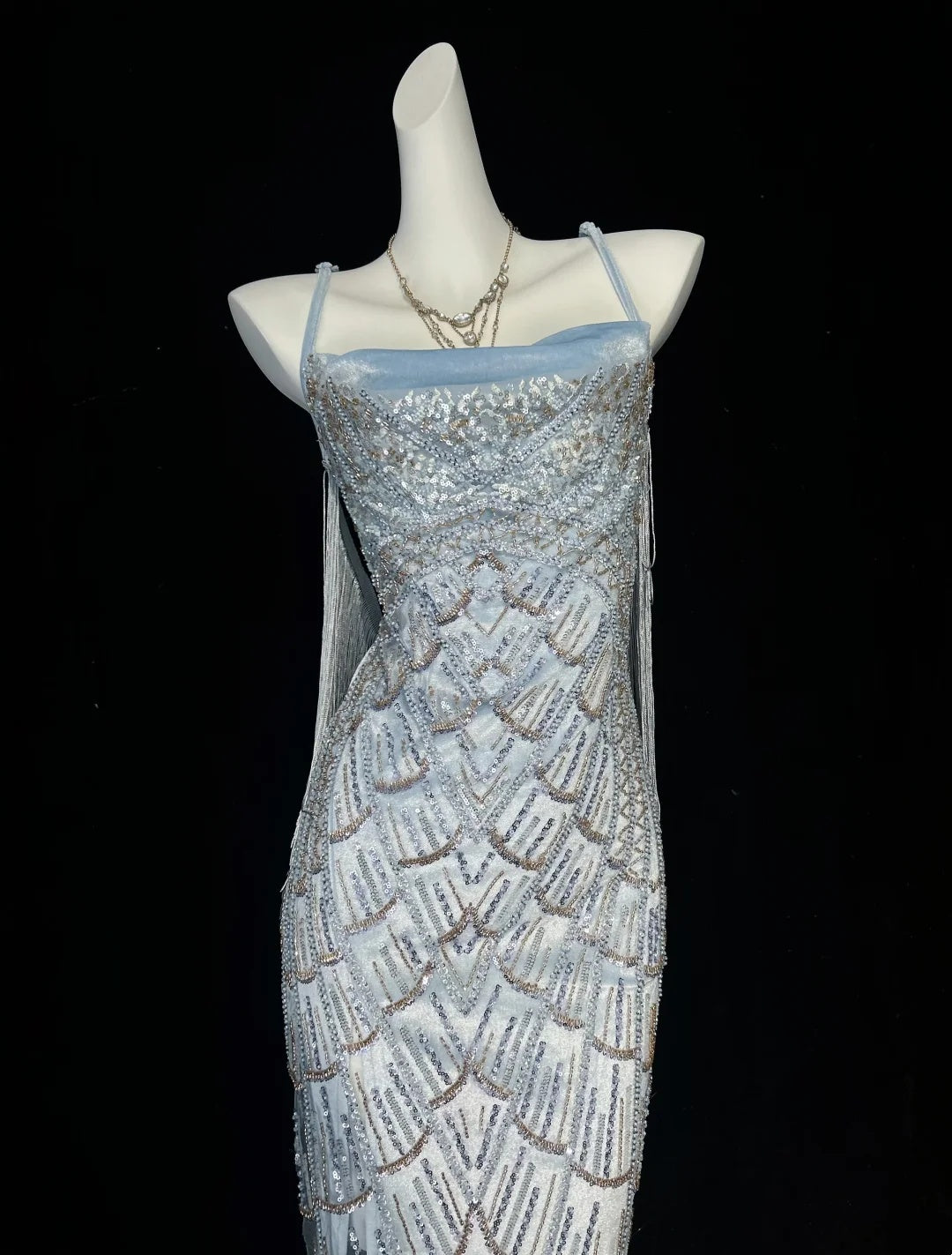 Sparkly Light Blue Spaghetti Strap Square Neck Beaded Midi Bodycon Homecoming Dress AS2885