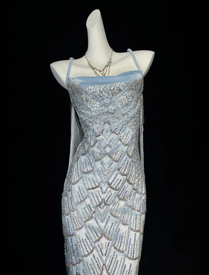 Sparkly Light Blue Spaghetti Strap Square Neck Beaded Midi Bodycon Homecoming Dress AS2885