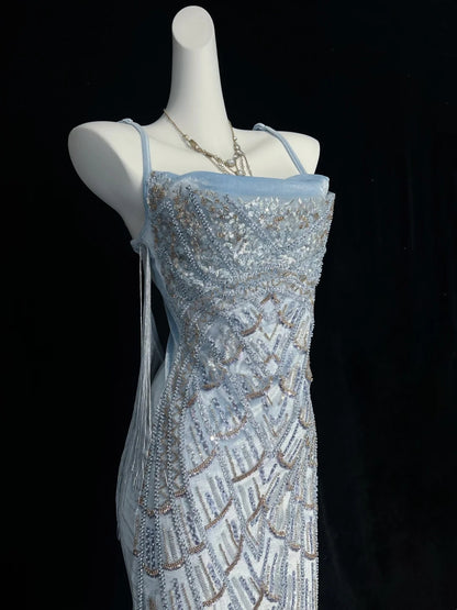 Sparkly Light Blue Spaghetti Strap Square Neck Beaded Midi Bodycon Homecoming Dress AS2885